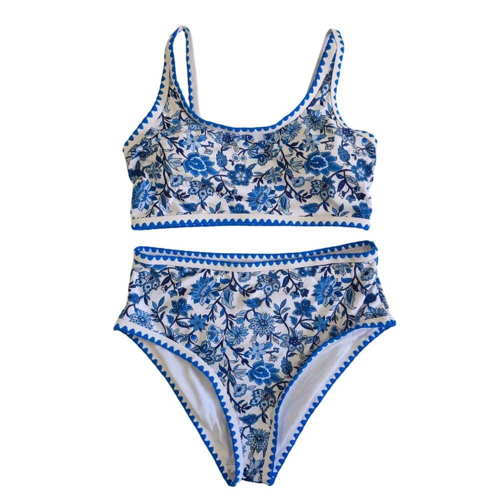 Herseas Blue White Floral Ric-Rac Trim High Waisted Bikini Set Swimsuit Large